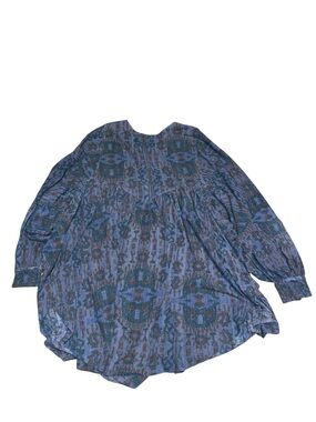 Free People Blue and Dark Teal Patterned Smocked Cuff Tunic